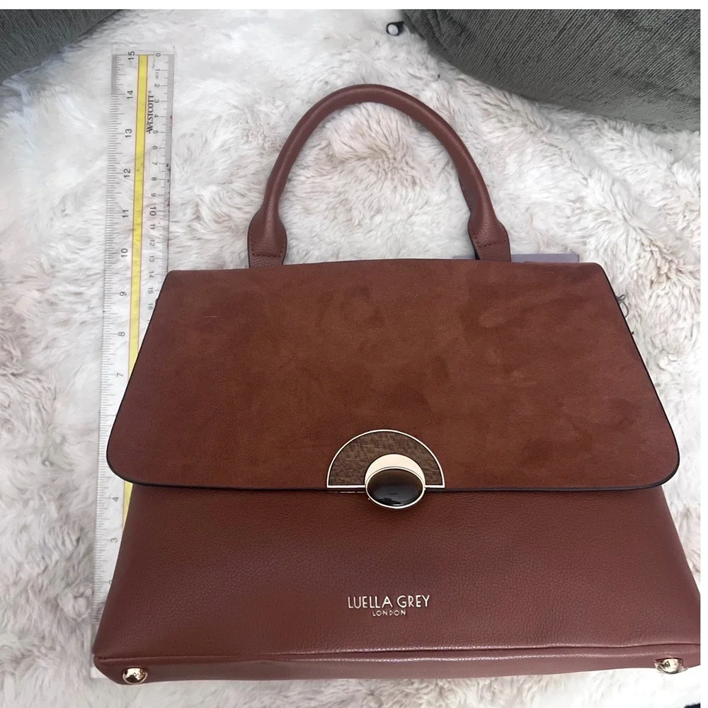Luella Grey London Brown Mixed Media Satchel Bag Vegan Leather Leopard Strap NEW